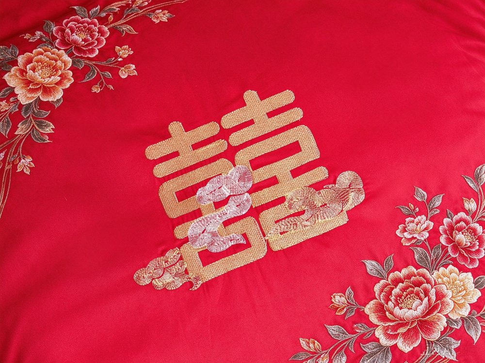 婚庆四件套—甜蜜喜事系列大红面料金色喜字刺绣纹样局部图.jpg