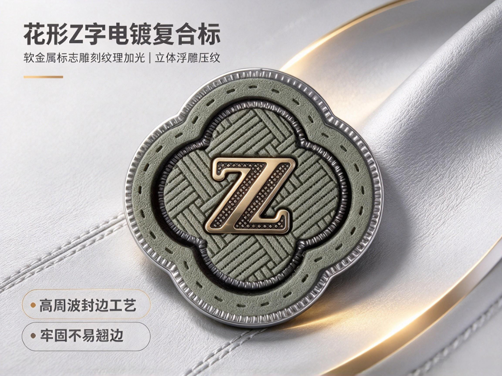 电镀复合标 — 花形 Z 字软金属雕刻纹理服装徽章.jpg
